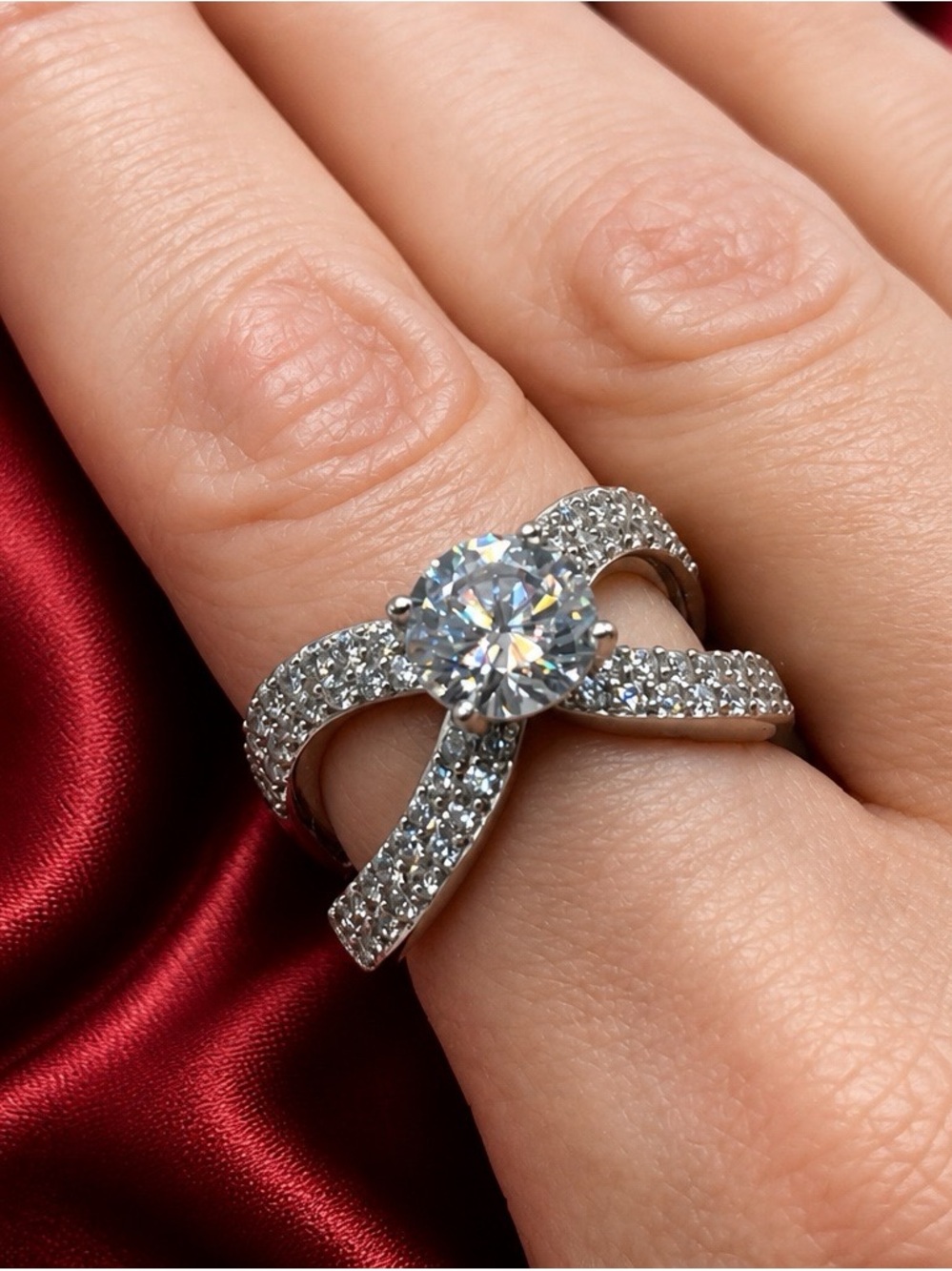 3.46ctw, 8mm Swarovski-grade solitaire Austrian Crystal Criss-Cross Ring. New!